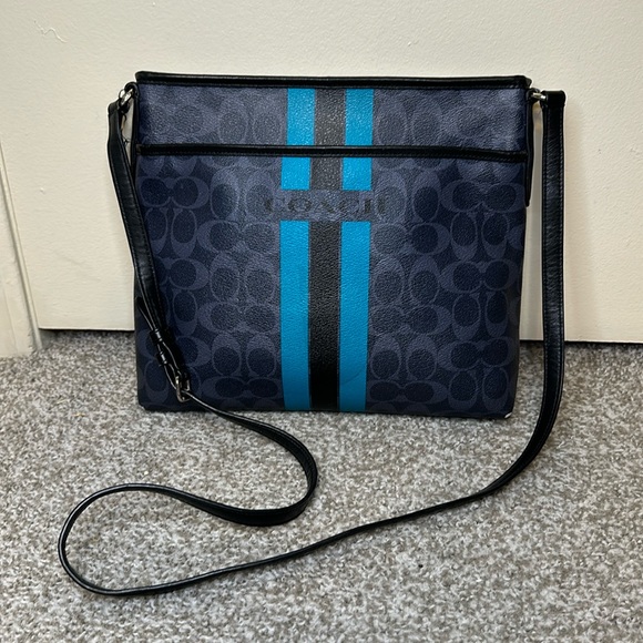 Coach Handbags - Coach Signature Varsity Stripe Blue & Black Leather Crossbody Bag Purse AS IS